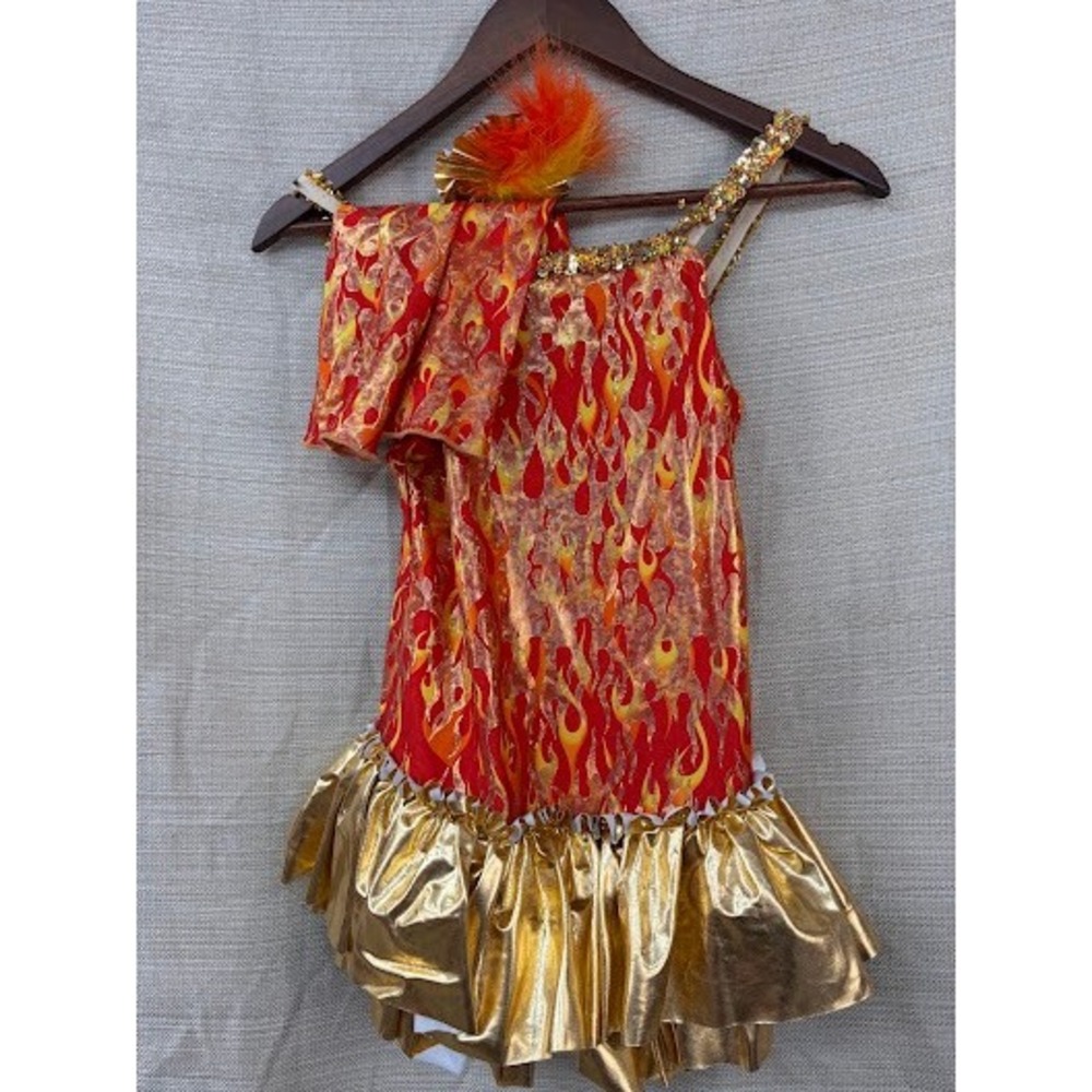 Handmade Kids Red Flame Gold Metallic Dance Costume Set Size 10-12 Jazz Fire